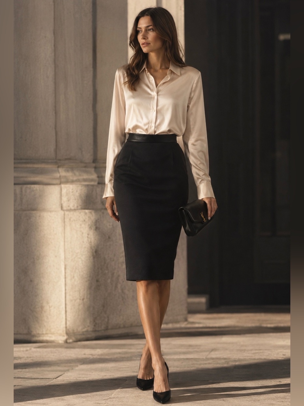 Yves Saint Laurent Uniformes Wool Pencil Skirt YSL French 44